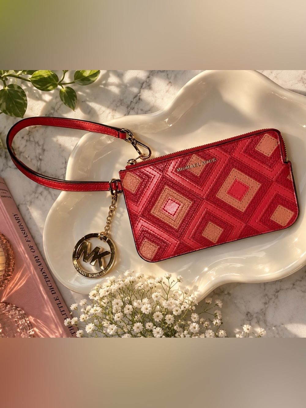 NWT Michael Kors Jet Set Travel Sangria Leather Wristlet + Charm